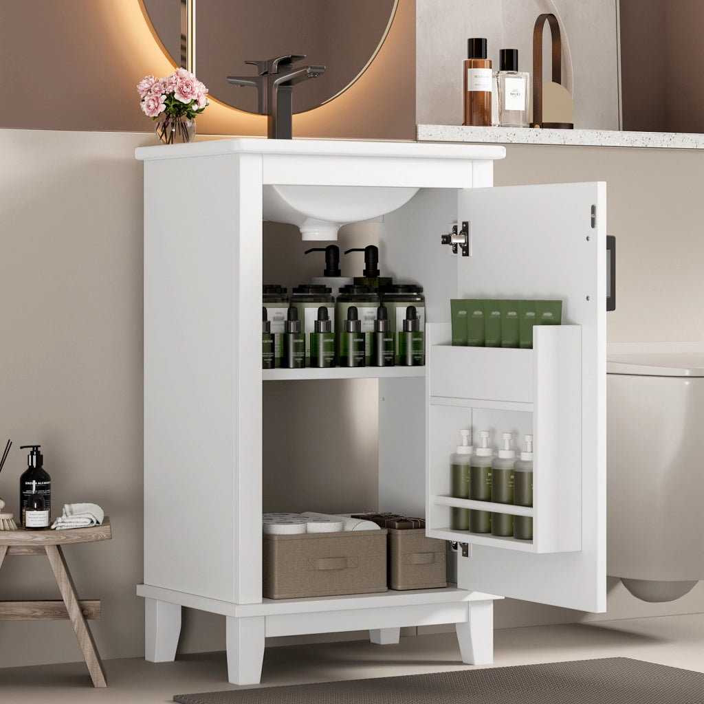 Mobile bagno freestanding 51x34x83 cm con lavabo in ceramica integrato, 1 anta, ripiano regolabile, bianco