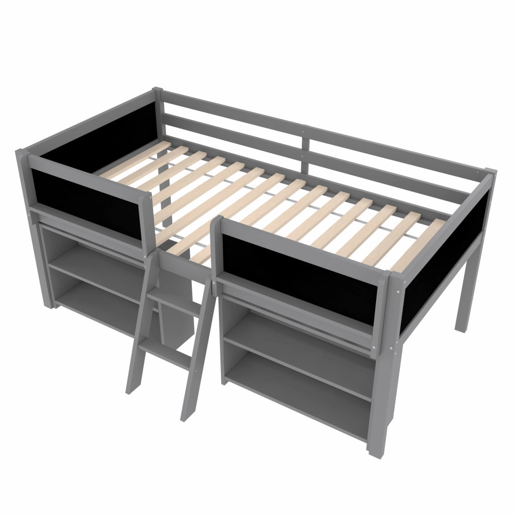 Letto semipiano 90x200 cm con scomparti portaoggetti; sponda di sicurezza e lavagna; in legno di pino e MDF; grigio