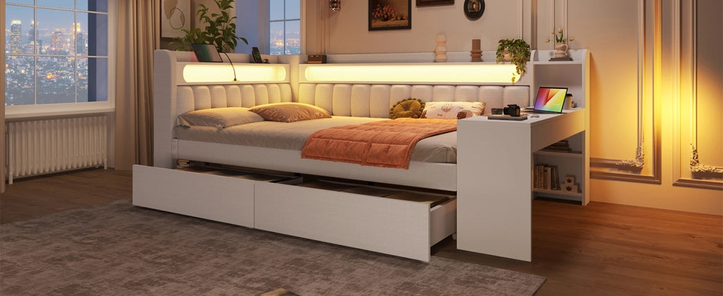 Letto a giorno con LED, porte USB, scrivania e 2 cassetti in MDF, compensato e tessuto bianco 140 × 200 cm