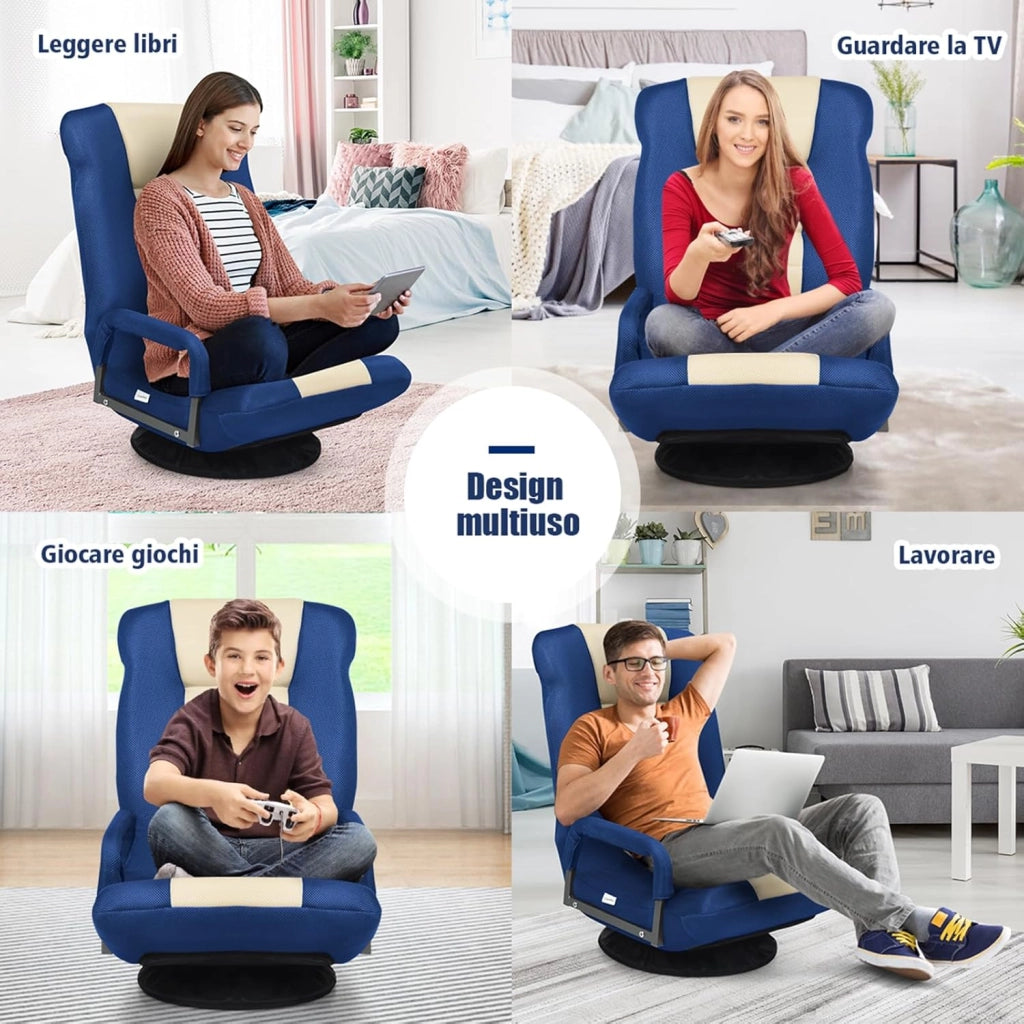 Sedia da Pavimento Pieghevole, Poltrona Sedia da Yoga per Meditazione, Portatile Inclinabile Girevole, da Salotto Camera da Letto (Blu)