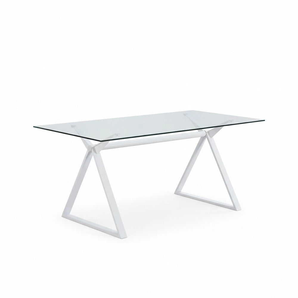 Tavolo da Pranzo Skylar 180×90 cm in Vetro Temperato con Gambe a Cavalletto bianco