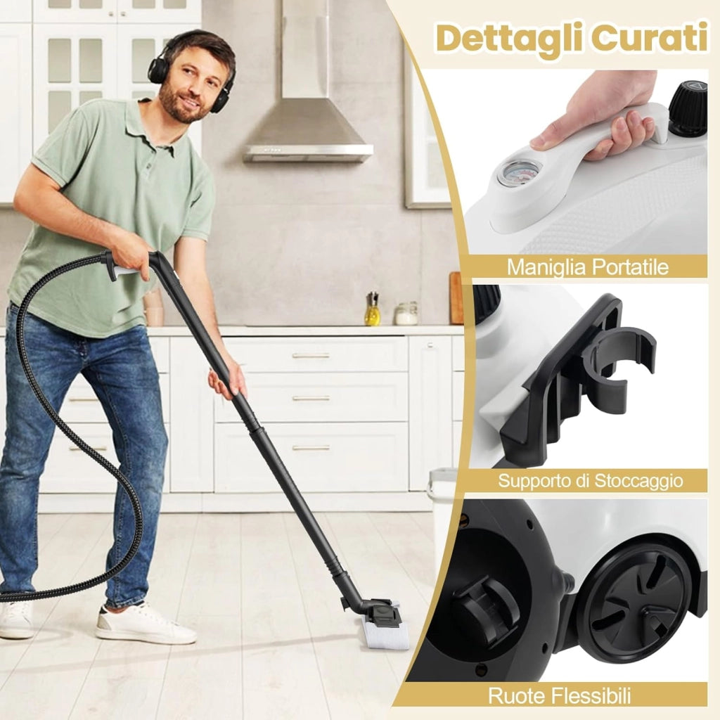 2000W Pulitore a Vapore, Vaporizzatore Portatile con Serbatoio 1,8L, er Uso Domestico con Accessori, Macchina per Pulizia su Pavimenti Finestre Tappeti (Bianco)