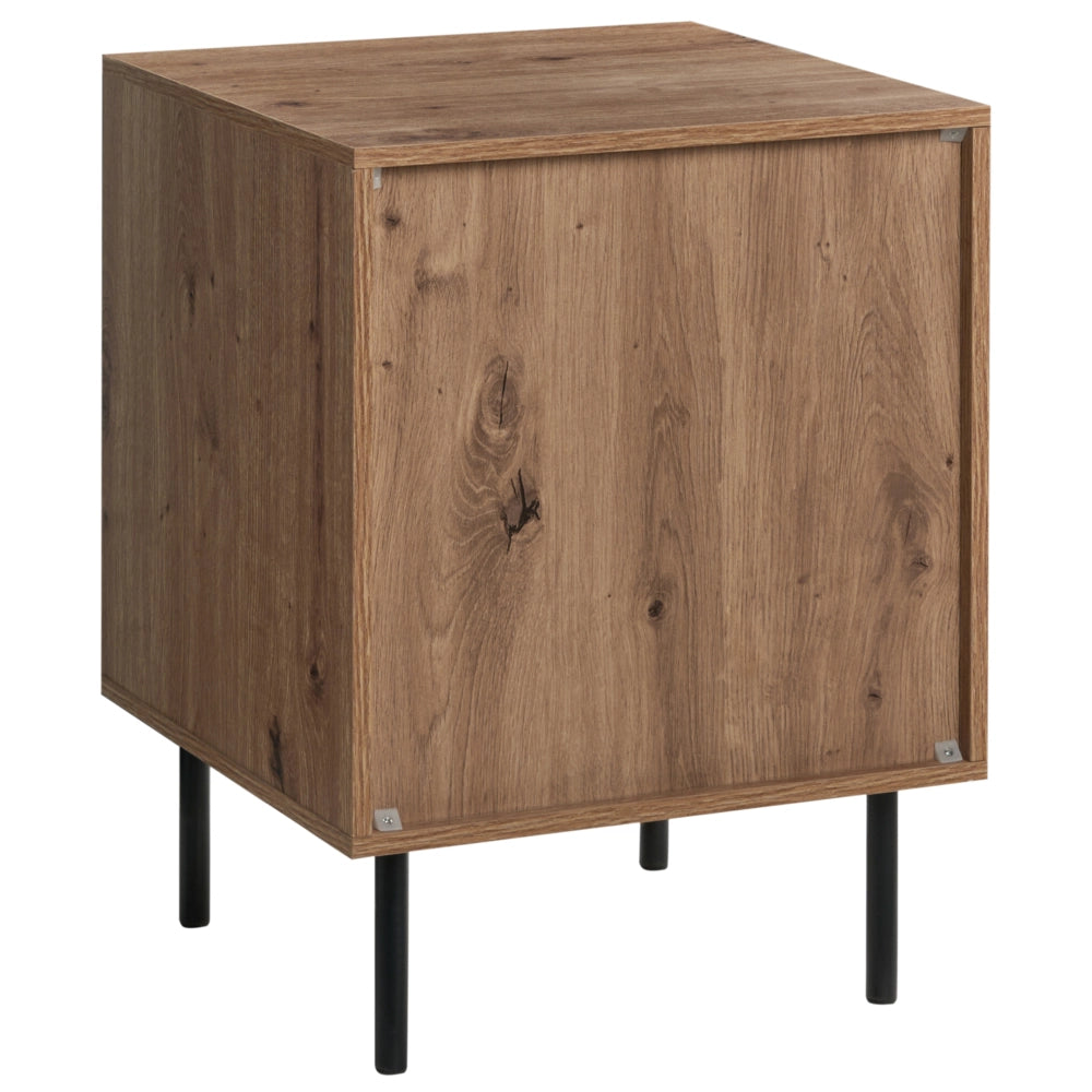 Comodino a 2 cassetti in truciolato marrone chiaro con gambe in metallo mobile contenitore moderno design scanalato camera da letto