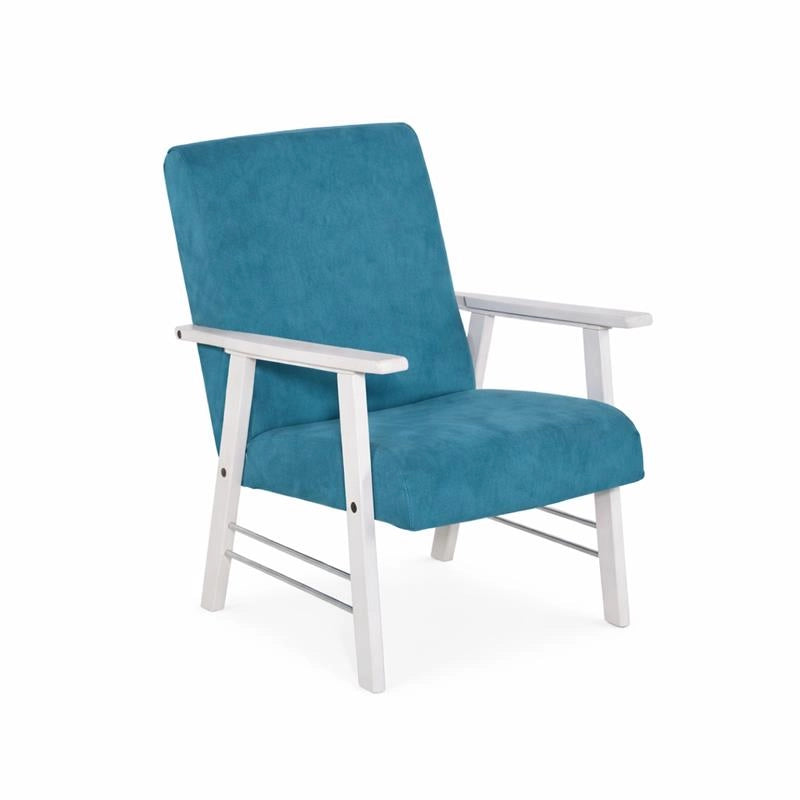 POLTRONA ORTIGIA DA ARREDO IN LEGNO BIANCO ANILINA E TESSUTO COLOR PETROLIO 59X77X91H CM
