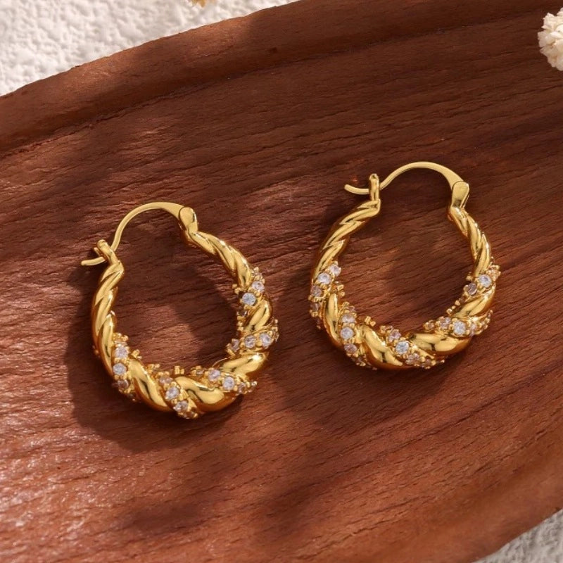 Orecchini a cerchio minimalisti in metallo con strass, in stile retr¨° francese.