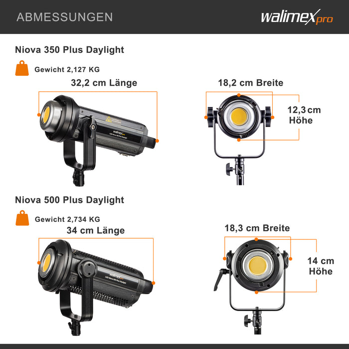 LED Niova Plus Daylight Set 2 Faretti LED per fotografia 350W e 500W, con riflettore Bowens e diffusore, con tecnologia COB-LED, per studio fotografico