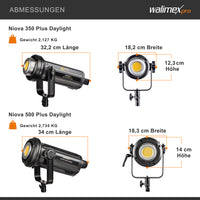 LED Niova Plus Daylight Set 2 Faretti LED per fotografia 350W e 500W, con riflettore Bowens e diffusore, con tecnologia COB-LED, per studio fotografico