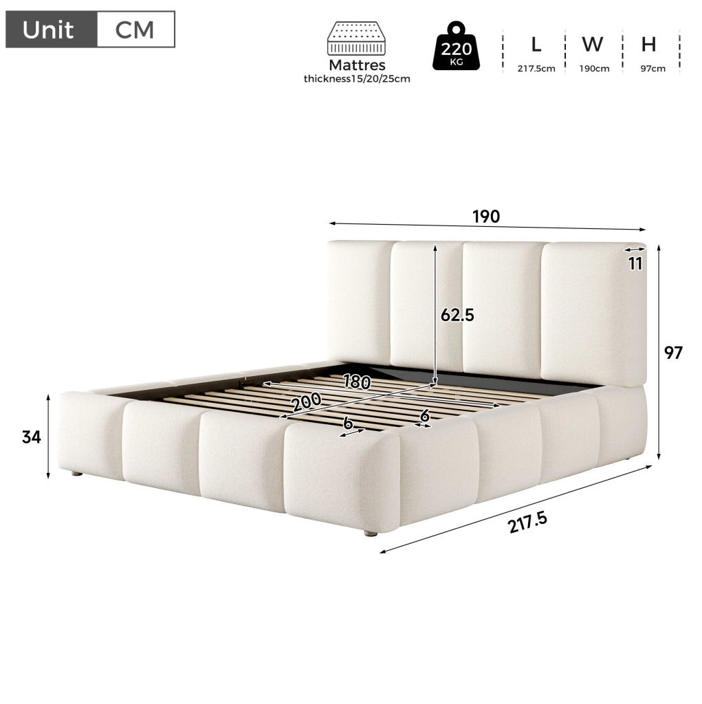 Letto matrimoniale 180x200 cm con contenitore idraulico e rete a doghe; bouclé bianco