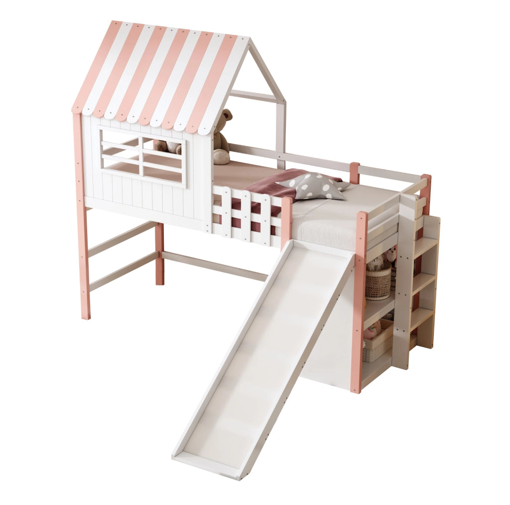 Letto a soppalco per bambini 90x200 cm con scivolo; scala di sicurezza e vani contenitore; rosa
