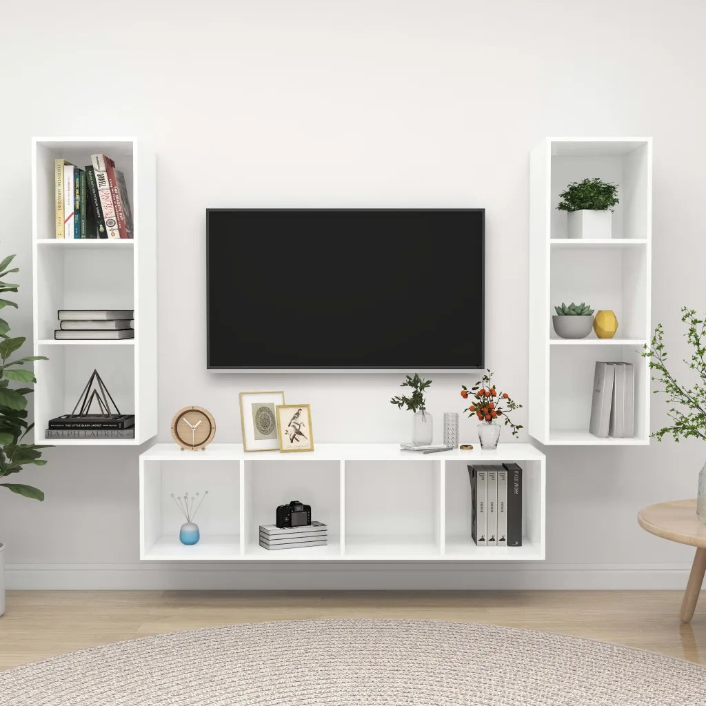 Set Mobile TV 3 pz-Set di 3 Credenza per TV Bianco in Truciolato 922288