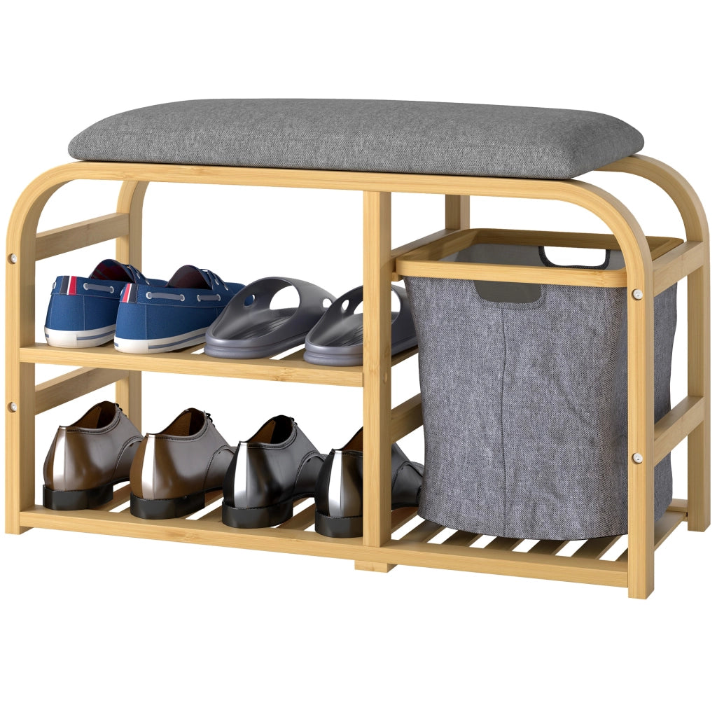 Panca porta scarpe con cuscino, ripiani a doghe e cestino scorrevole ¨C zephmum ¨C legno naturale 70x30x45cm