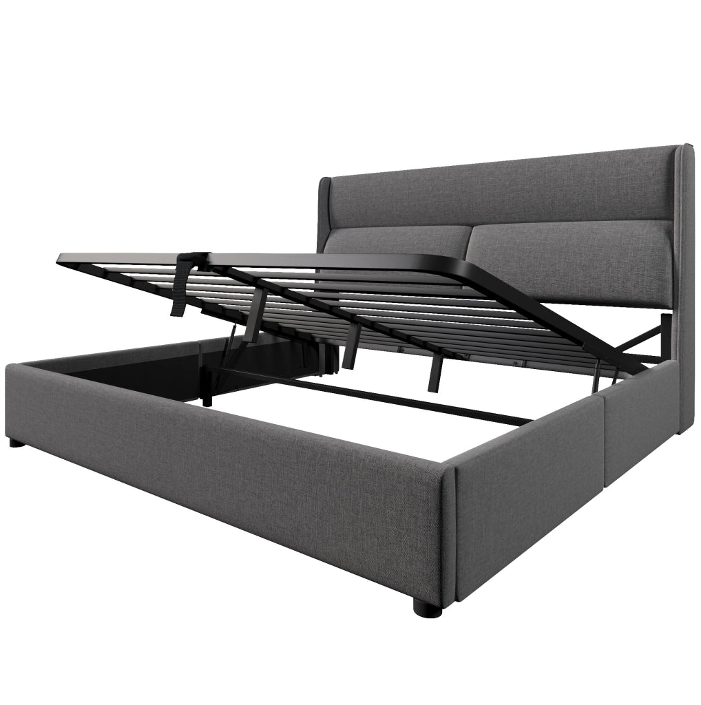 Letto imbottito 145x217x113 cm con testiera regolabile e contenitore idraulico in lino grigio