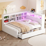 Letto matrimoniale multifunzionale in legno massiccio 140x200 cm con LED, USB e ampio spazio contenitore
