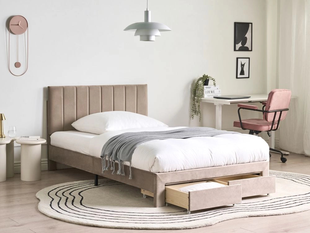 Letto matrimoniale 120 x 200 cm Tortora Rivestimento in velluto 4ft con cassetti Testiera Base a doghe Moderno