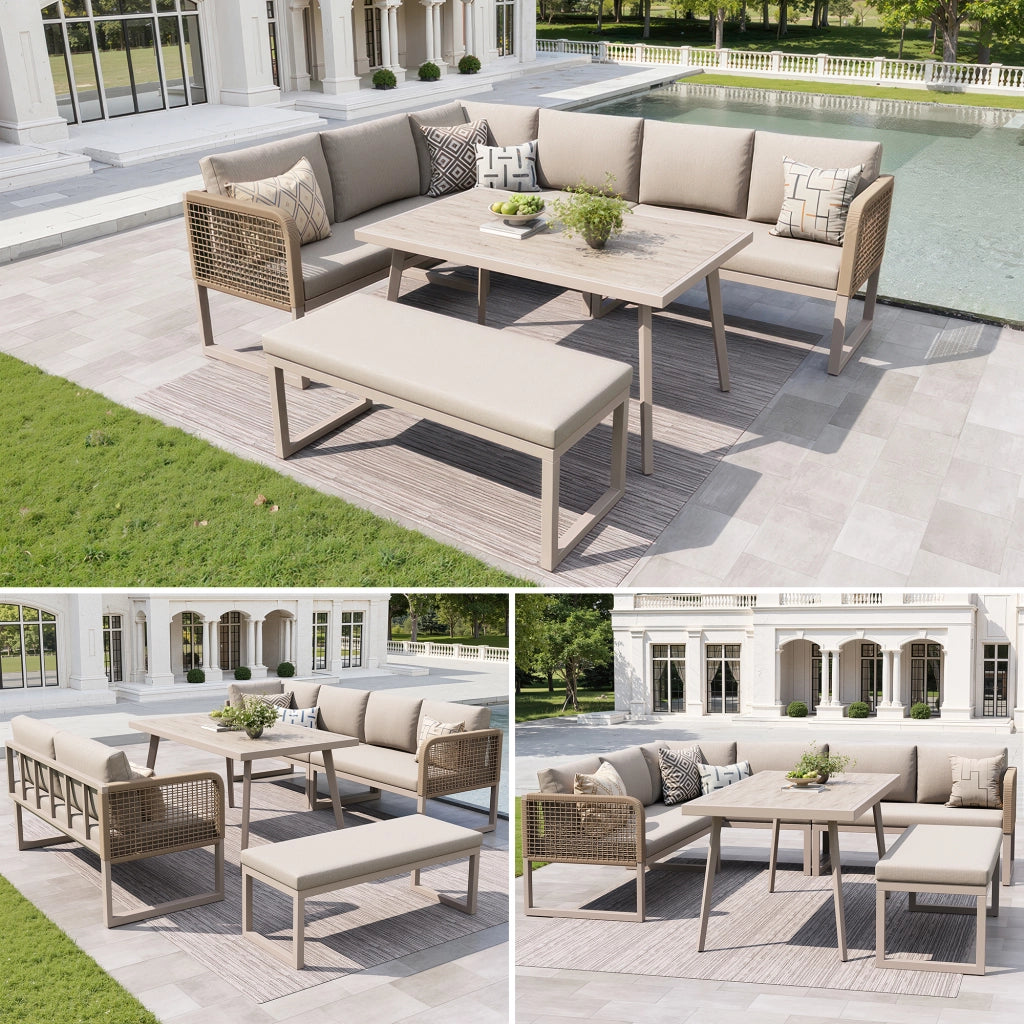 Set da giardino in rattan PE - Zephmum- Per 6-8 persone, cuscini di alta qualit¨¤, resistente alle intemperie, color beige