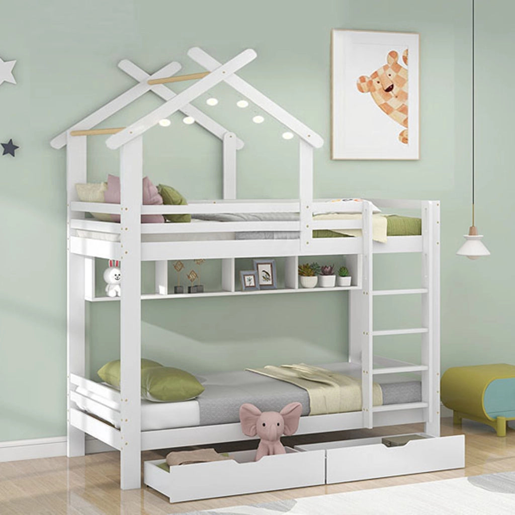 Letto a castello 90 × 200 cm con cassetti e ripiani scala ad angolo a tre gradini in legno bianco