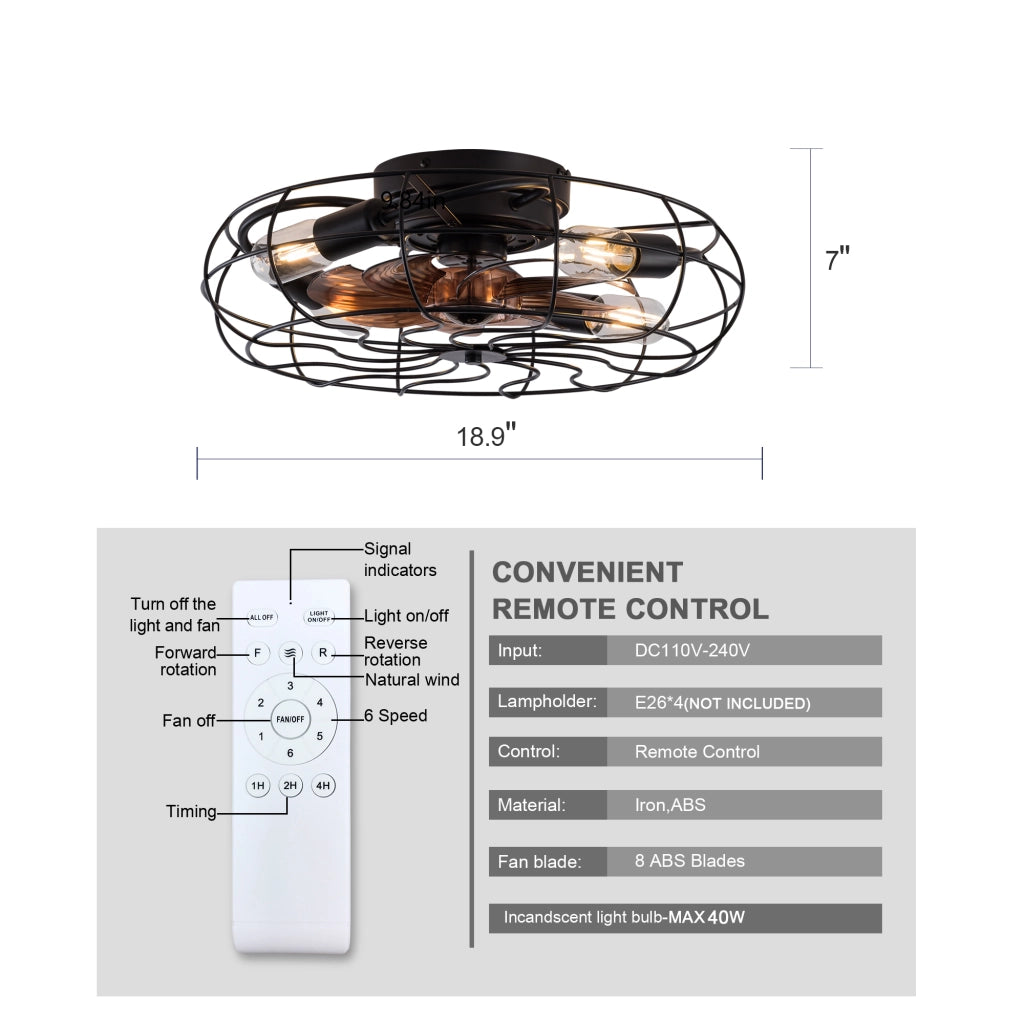 Ventilatore da soffitto con gabbia e luce; 19 pollici; 7 pale; motore reversibile; nero e noce scuro