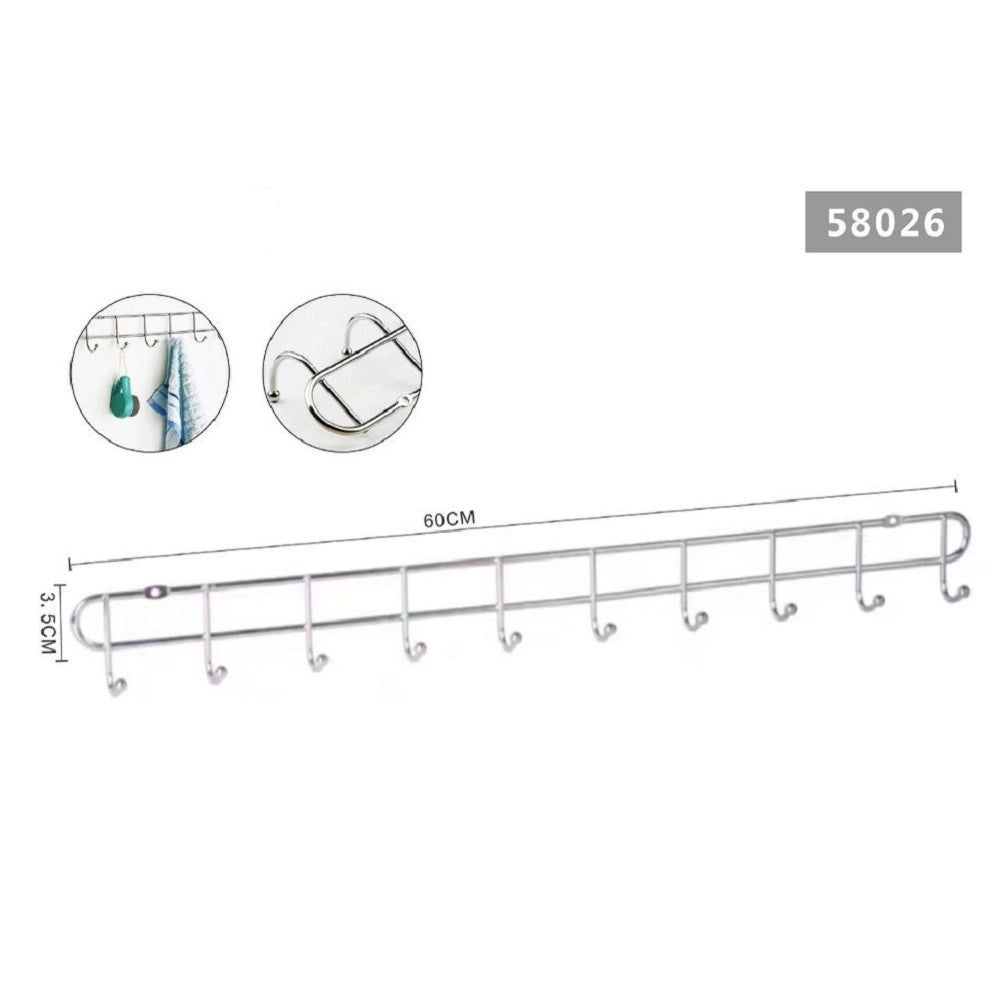 Trade Shop - Appendiabiti A 10 Ganci Posti Attaccapanni A Parete 60x3,5 Cm Bagno Cucina 58026 -