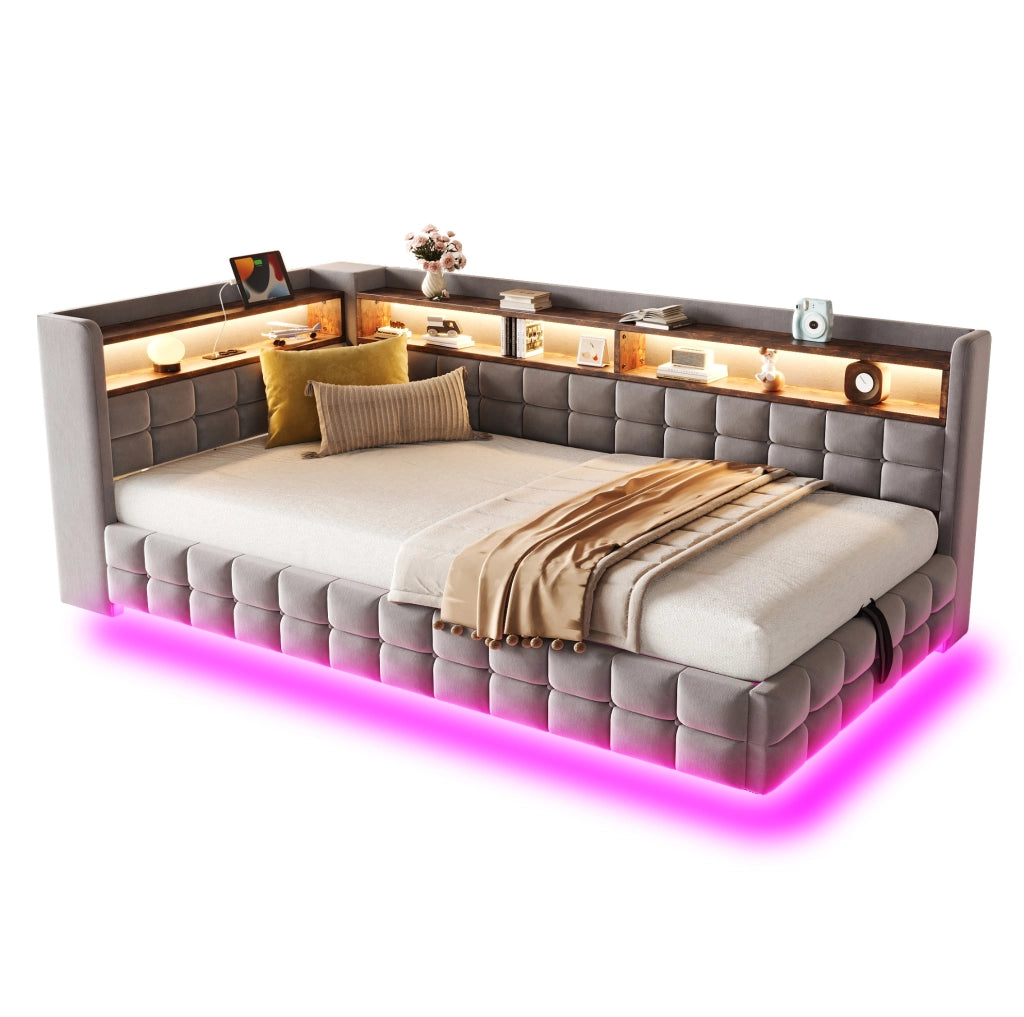 Letto imbottito multifunzionale 90x200 cm con vano contenitore, LED e prese integrate