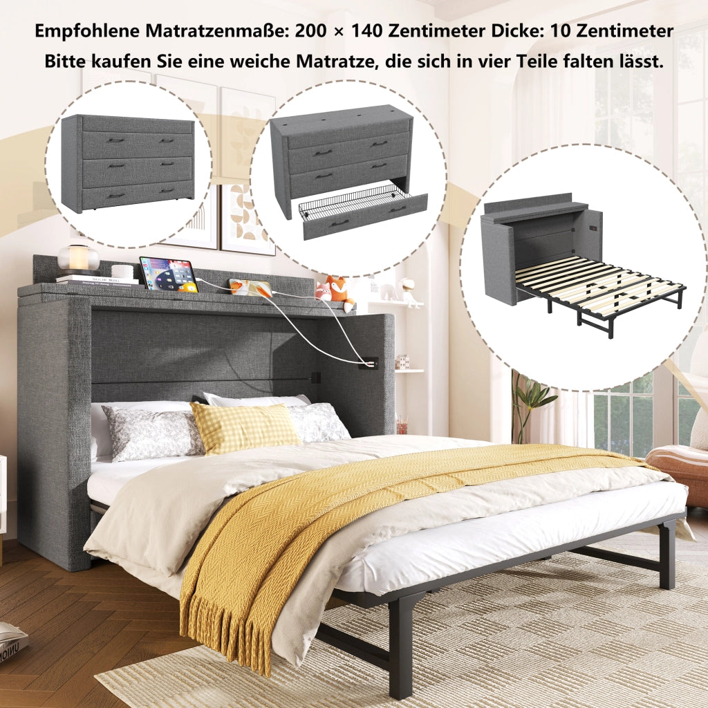 DESMIU Letto a scomparsa 140 × 200 cm 2 posti con 1 cassetto, USB, Type-C e ripiano, senza materasso, grigio