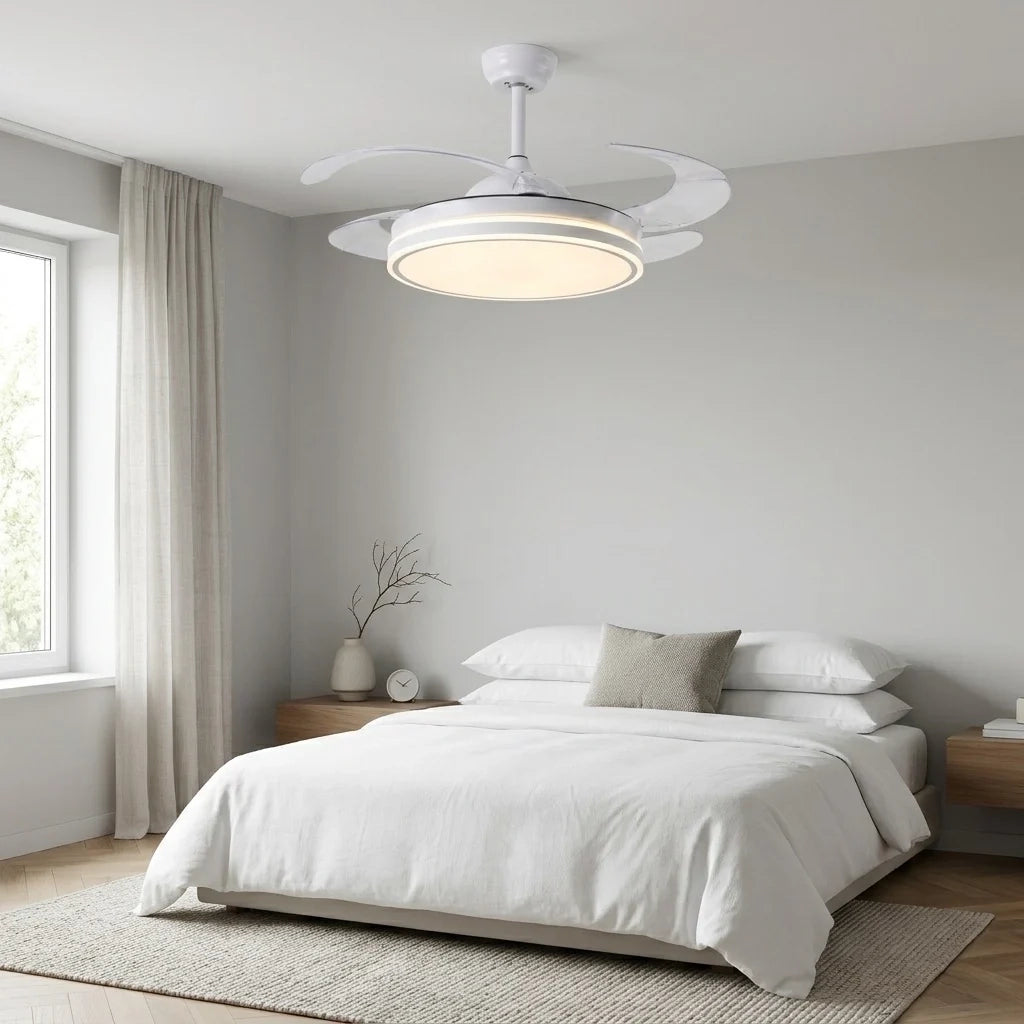 Plafoniera Ventilatore da Soffitto 108cm Pale a Scomparsa, Luce LED Dimmerabile, Telecomando e Motore Silenzioso, Bianco