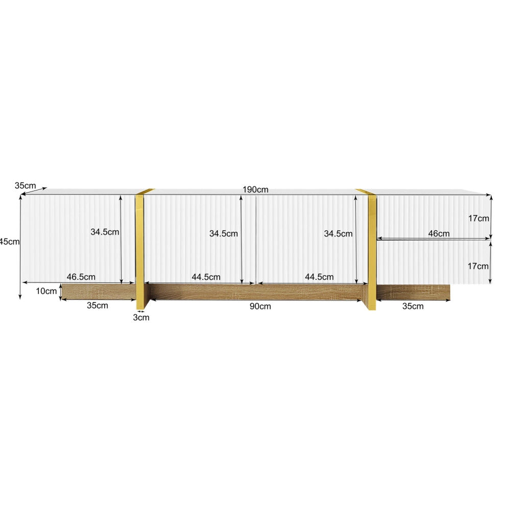 Mobile TV 190 cm con 2 cassetti e 3 ante; bianco e oro con effetto legno