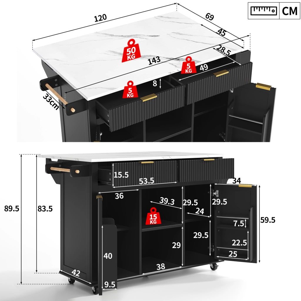 ISOLA DA CUCINA con piano ribaltabile 143x45(69) cm MDF Nero/Naturale