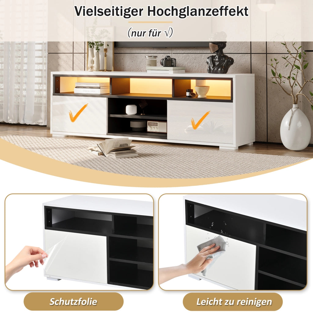 Mobile TV lucido, illuminazione a LED, in truciolato, 150 ¡Á 35 ¡Á 50 cm, bianco e nero