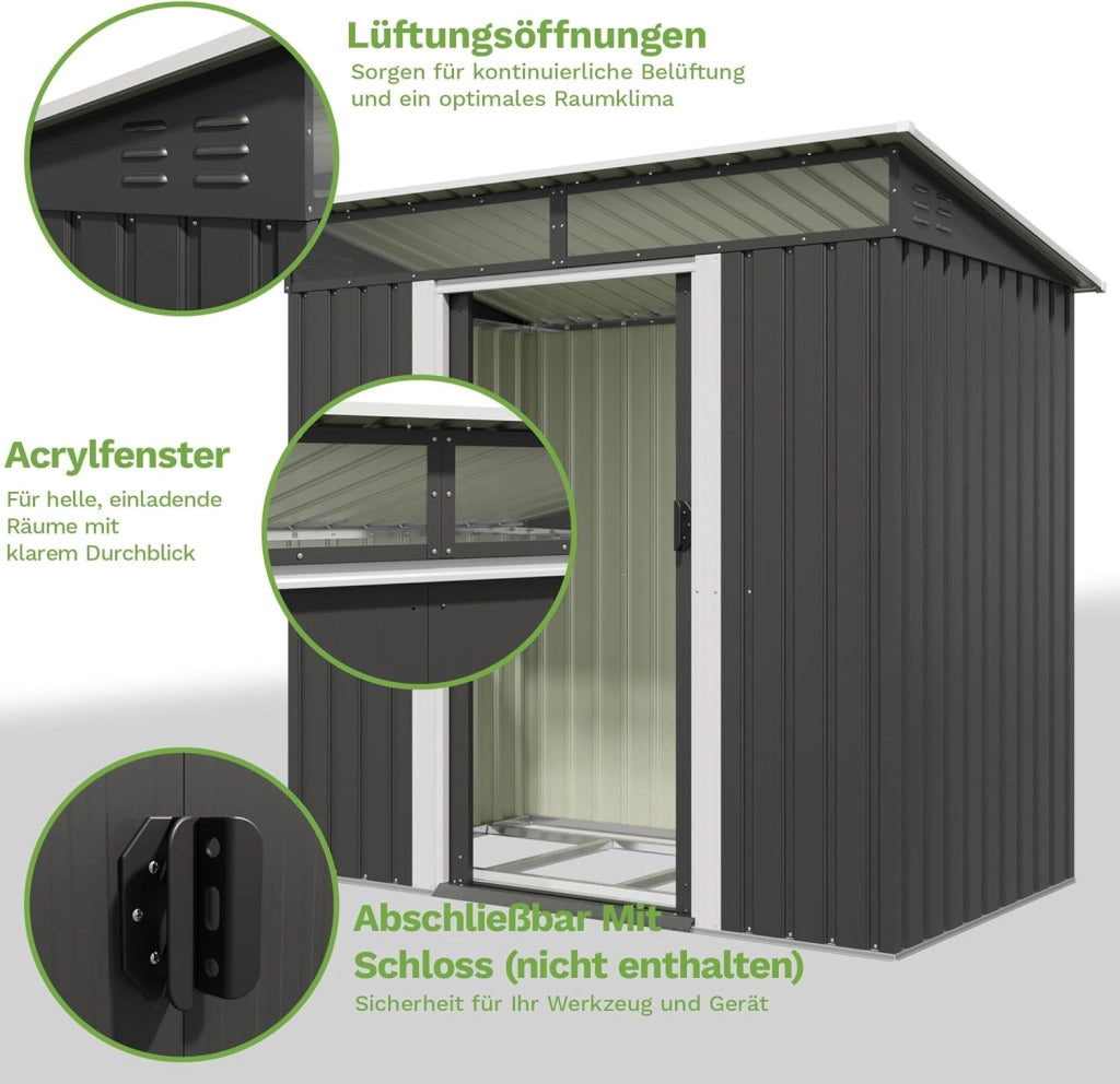Capanno per attrezzi in metallo, 183 x 109 x 182 cm, con fondamenta, 3,6 m³ casa per attrezzi con lucernario e tetto spiovente, per esterni, resistente alle intemperie, capanno per biciclette