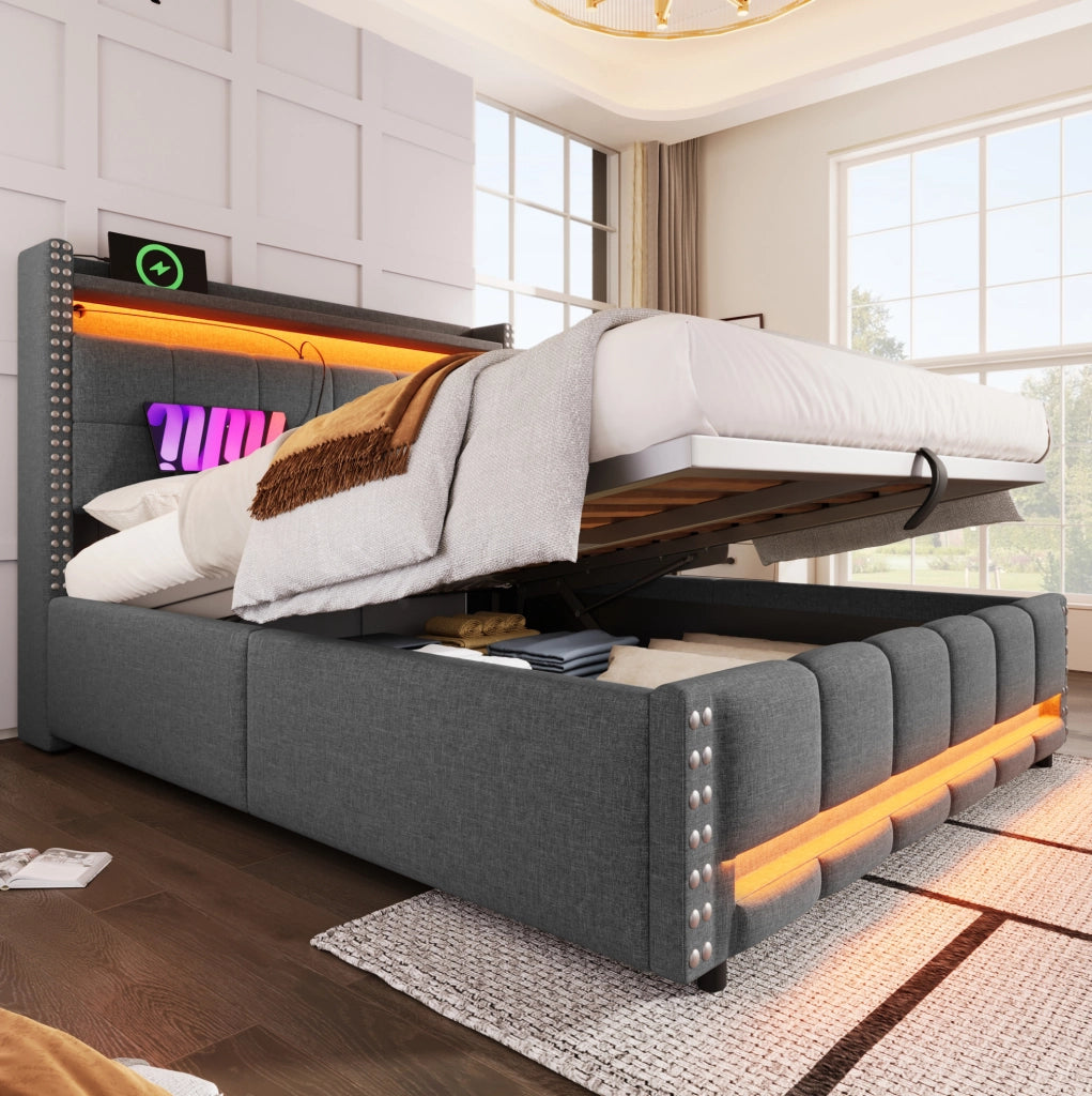 Letto imbottito matrimoniale 140x200 cm con LED; USB e contenitore; grigio