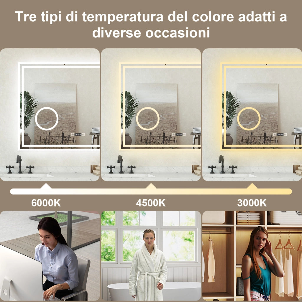 Specchio bagno Rettangolare 160x80cm Led Con 3 Luci + 3X Lente d'ingrandimento + Orologio + Antiappannamento