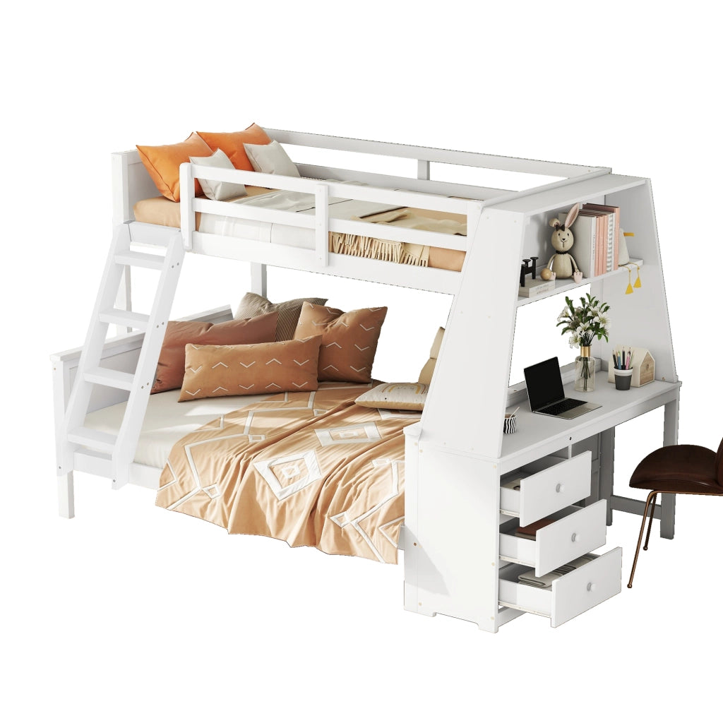 Letto a castello con scrivania e contenitori in pino bianco 90x200 cm+140x200 cm