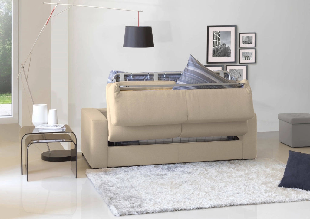 Divano Letto Andymion, Divano a 2 posti Large, Made in Italy, SofÒ  Soggiorno con apertura girevole, in tessuto imbottito, con Braccioli standard, cm 200x95h90, Beige