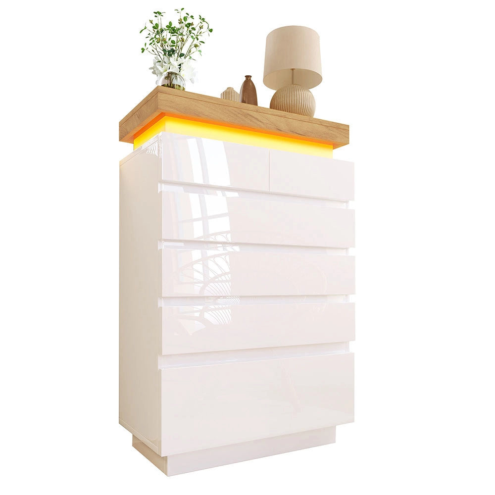 Commode Buffet in legno lucido - Xylo - 115x73x39 cm - Bianco - 6 cassetti, illuminazione LED (App Control)