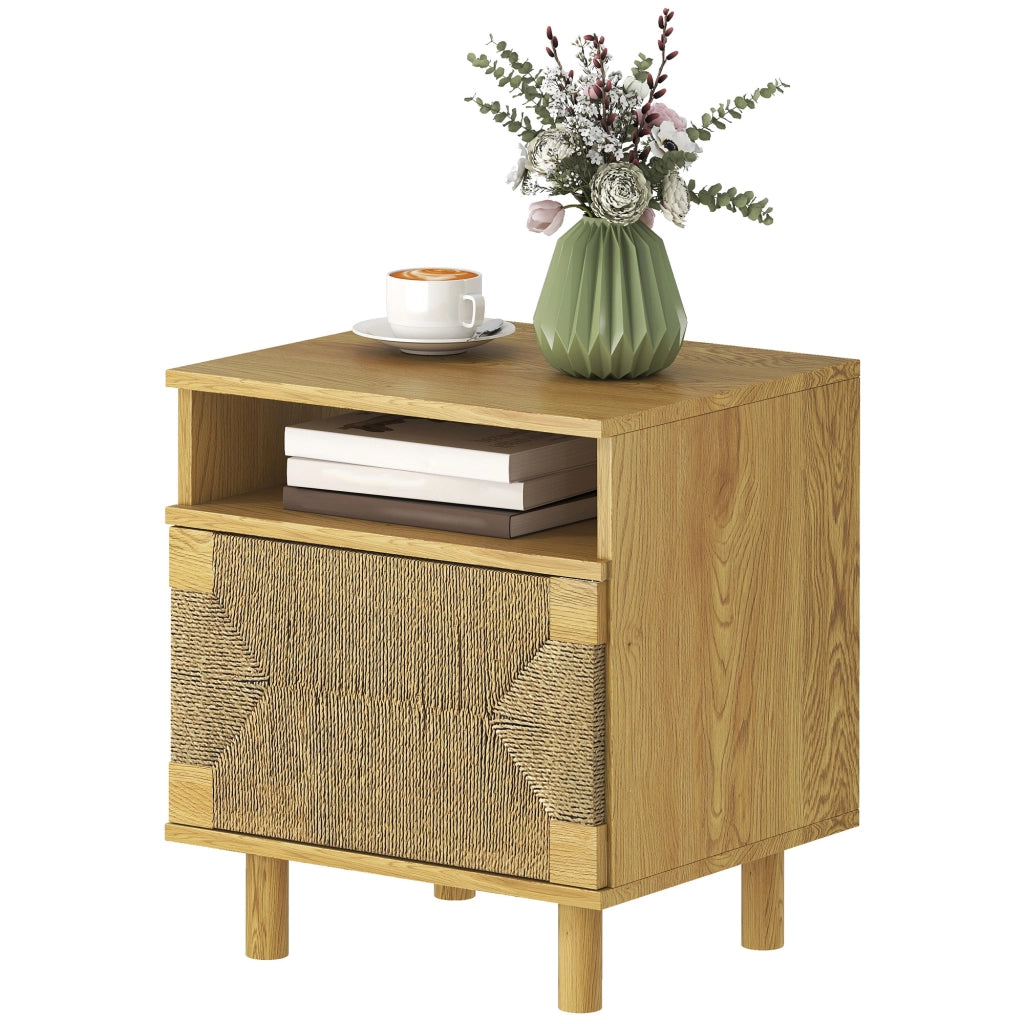 Comodino Bohemio con Porta in Carta Corda e Ripiano Aperto ¨C zephmum ¨C 45x39x50 cm Roble