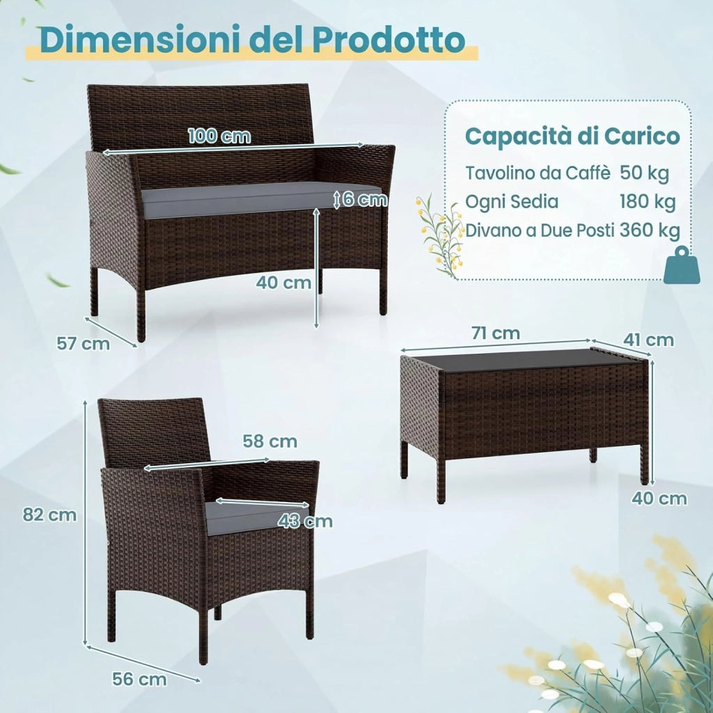 Salotto da Giardino Esterno 4 Pezzi, Set Giardino Esterno con Divanetto, 2 Poltrone e Tavolino da Caffè in Vetro Temperato, Salotto da Patio con Cuscini per Balcone, Veranda (Marrone+Grigio)