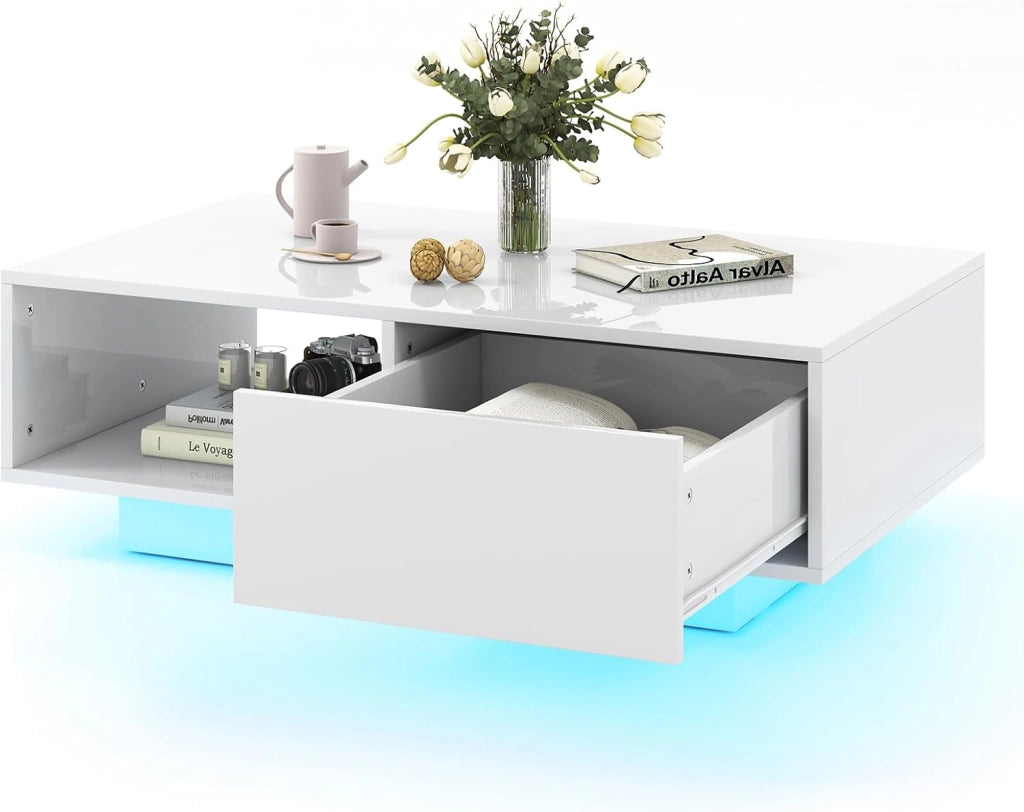 Tavolino da Salotto in Legno, Tavolino Moderno e Rettangolare con 20 Colori di Luci a LED, Telecomando, Cassetto e Ripiano Aperto, Tavolino per Studio e Ufficio (Nero)