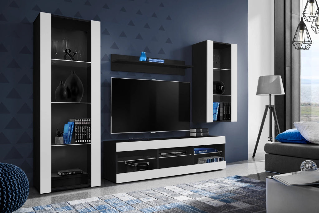 Set Di Mobili Porta TV Tivoli Medio, Komodee, Nero/Bianco, Senza LED, Larghezza 245 cm x Altezza 159 cm x Profondità 35 cm, Per soggiorno, Camera da letto