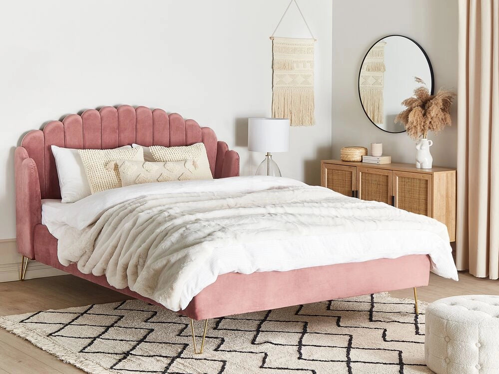 Letto con rete in velluto rosa 180 x 200 cm gambe in metallo testata retro capitonné
