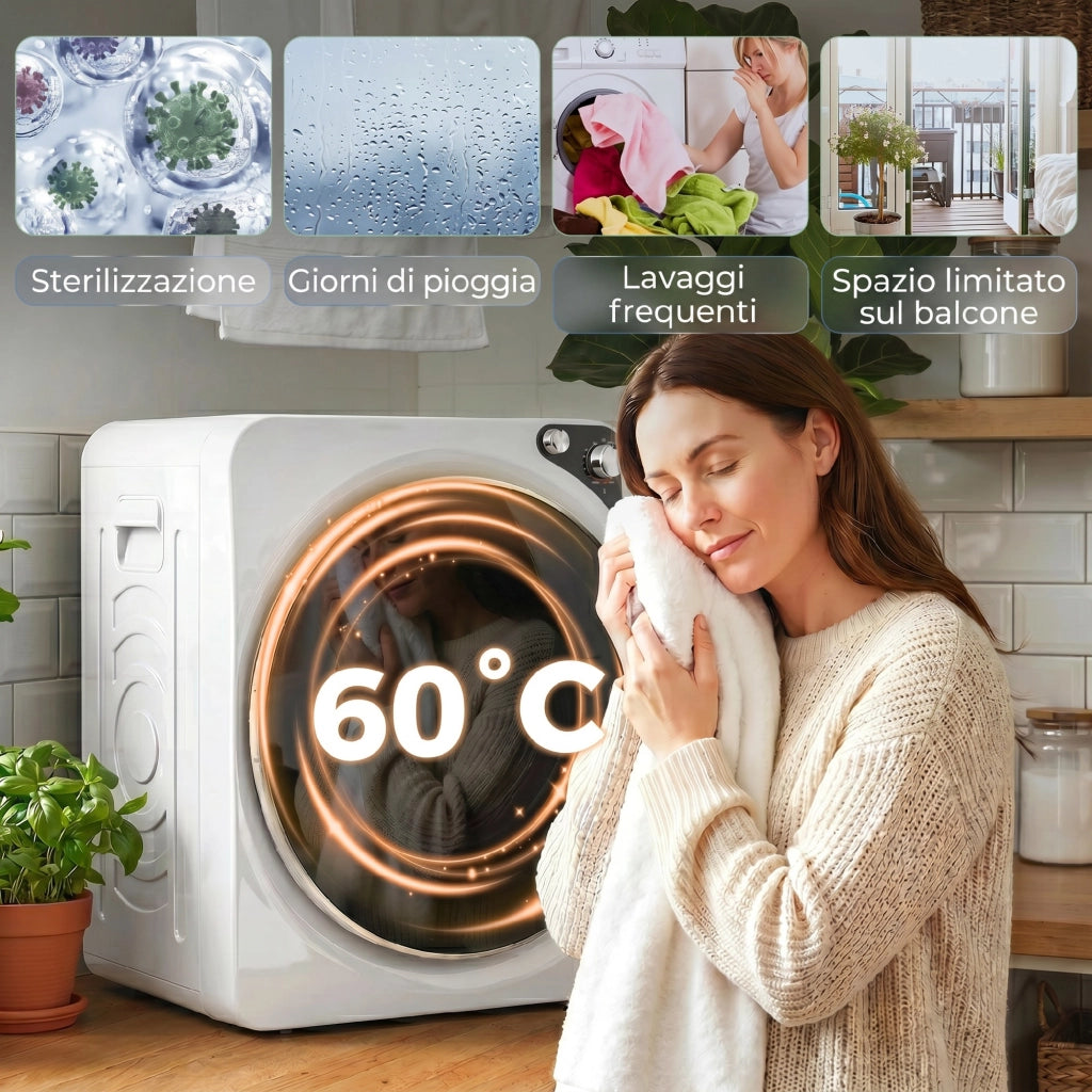 Asciugatrice Portatile 49x43x61 cm Potenza 1000W con 5 Programmi e Timer in PCM e Acciaio Inox Bianco