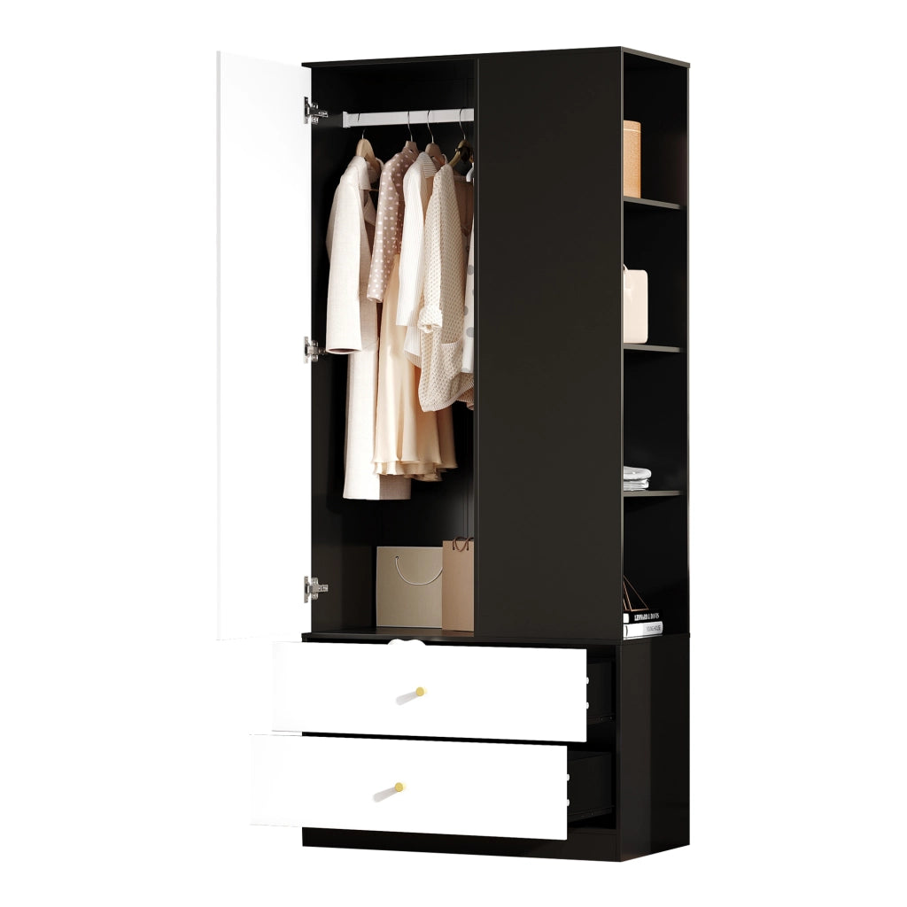 Armadio moderno con specchio, 1 anta, 2 cassetti e 4 ripiani, 80x40x180 cm, Bianco/Nero