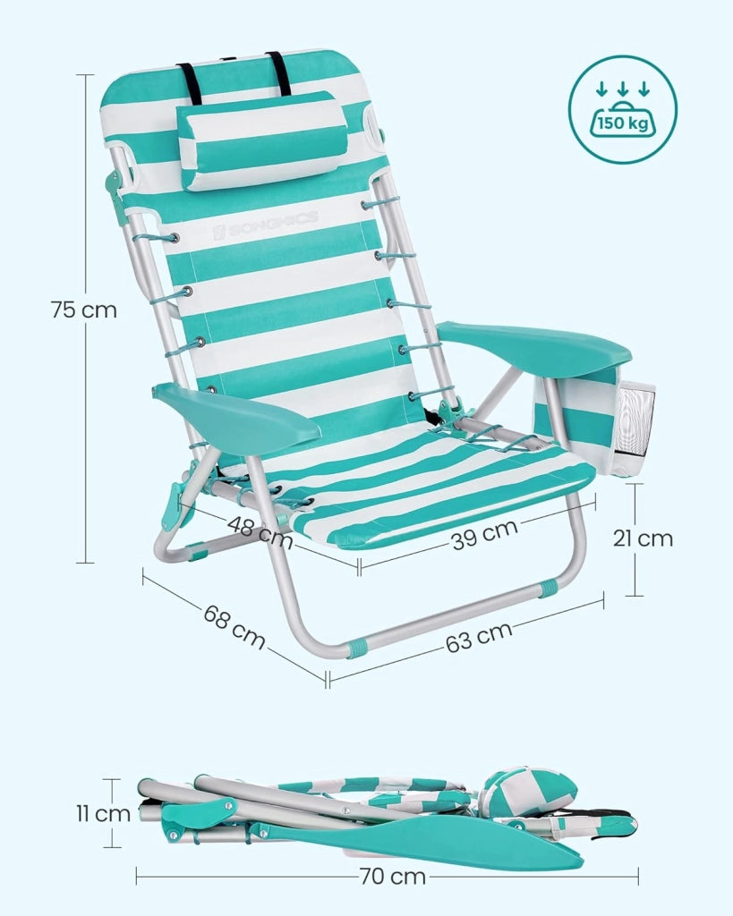SONGMICS Sedia da spiaggia, sedia da campeggio pieghevole, con tracolla, schienale regolabile, poggiatesta, bracciolo, 2 tasche laterali, verde e bianco GCB62JW