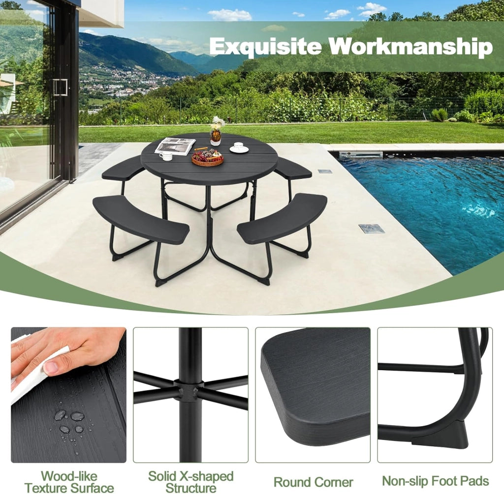 Set di Tavolo da Picnic Rotondo per 8 Persone, Set di Sedie e Tavolo con Foro per Ombrellone, Mobili da Giardino con 4 Panche, in HDPE e Metallo, φ190 x 76 cm (Verde)