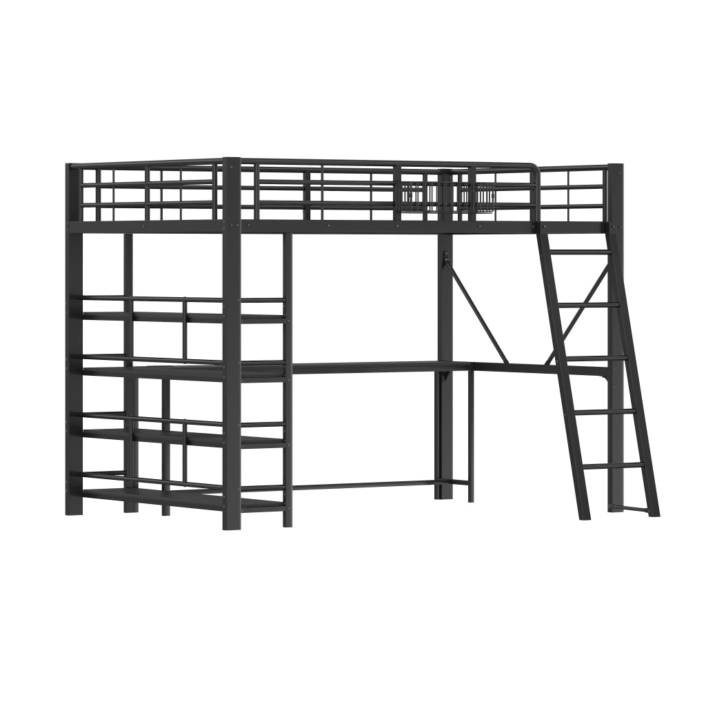 Letto a soppalco 140 × 200 cm 2 posti con scrivania, mensole, USB e LED regolabile, senza materasso, nero