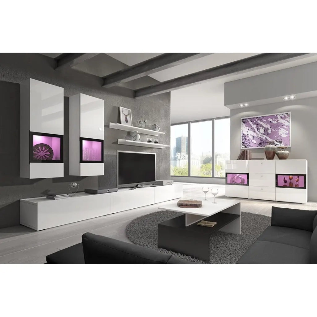 Composizione murale RAMOS – Colore bianco lucido – LED multicolori, mobile TV XL, vetrine e scaffali