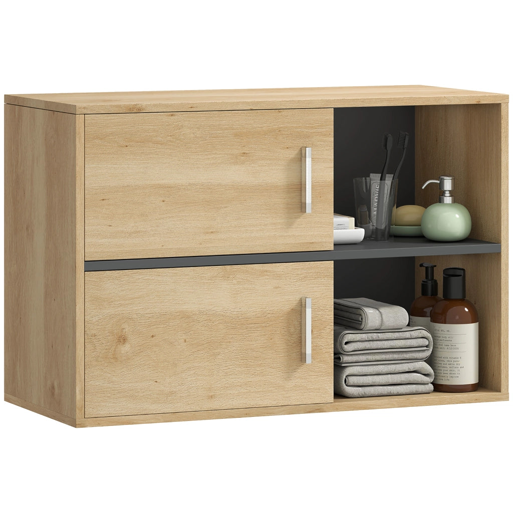 Mobile Bagno Parete con 2 Ante e Ripiani Aperti ¨C zephmum ¨C Legno Naturale 80x35x57,5 cm