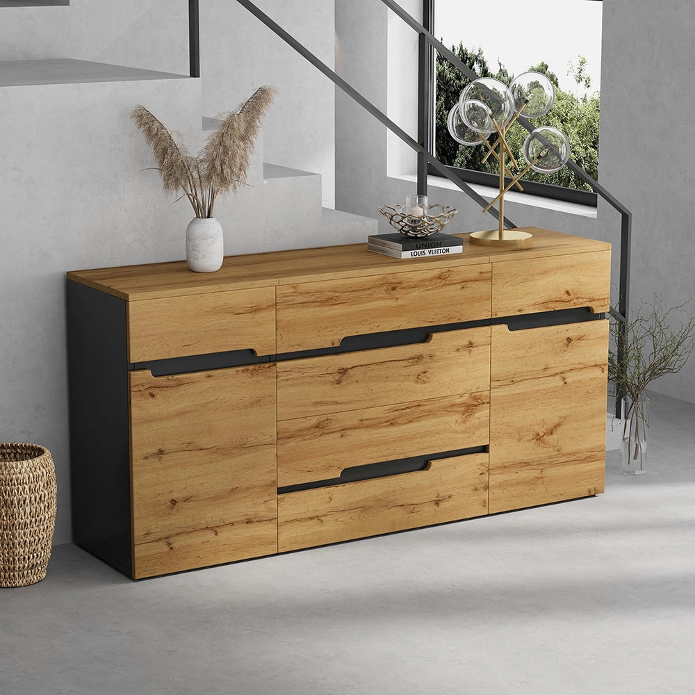 Credenza Soggiorno 160x40x80cm - Xylo - 2 Ante e 4 Cassetti, Colore Legno e Nero