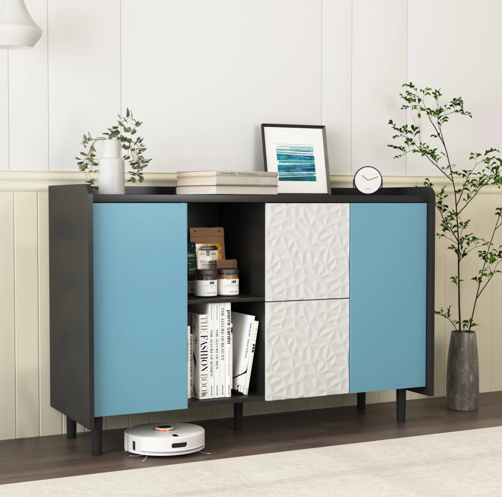 Buffet nero con ante blu, 2 cassetti e 2 scomparti aperti, credenza moderna in MDF 40x120x80 cm