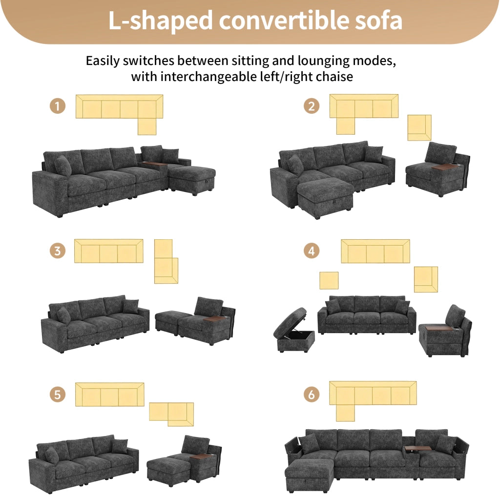Divano modulare angolare con pouf porta bicchieri USB e tipo C con contenitore in chenille grigio 313 × 147 × 82 cm