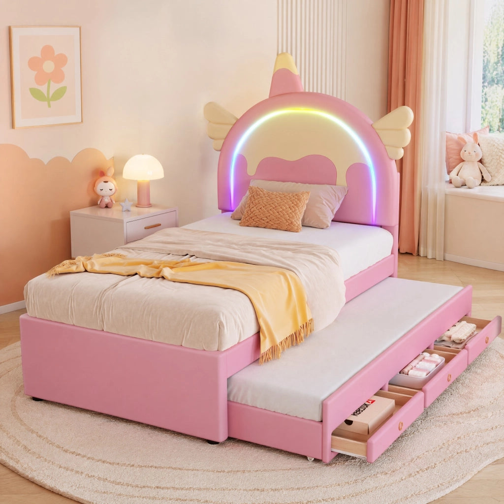 LETTO per bambini 90x200 cm a forma di unicorno con letto estraibile Rosa